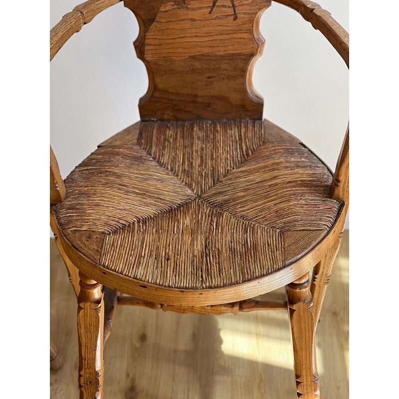 Vintage French provincial armchair with high inlaid back and straw seat