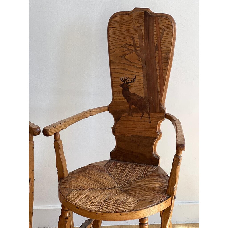 Vintage Franse provinciale fauteuil met hoge ingelegde rugleuning en strooien zitting