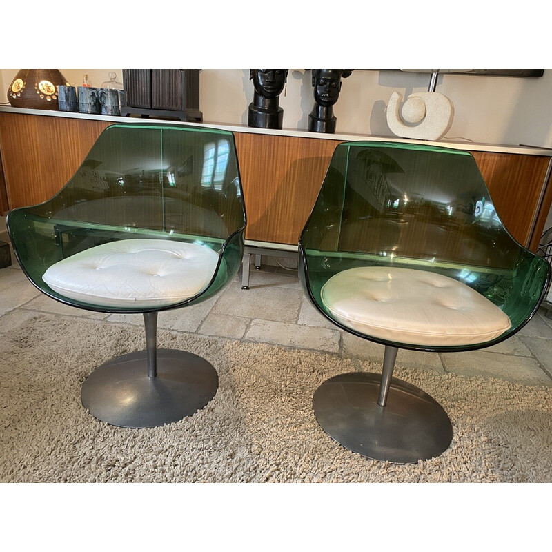 Pair of vintage Champagne green chairs by Estelle and Erwin Lavergne for Laverne International, 1957