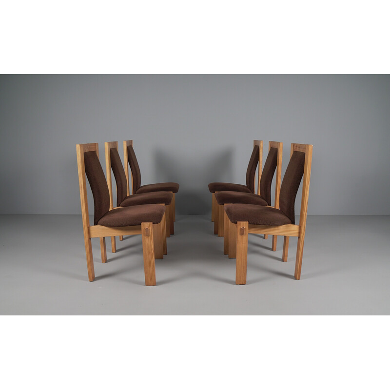Juego de 6 sillas de comedor vintage de pino sueco y tela, años 60