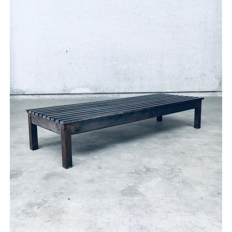 Vintage stained pine low slat bench, 1960