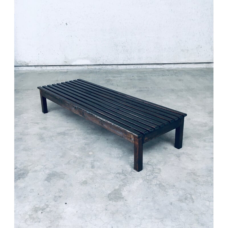 Vintage stained pine low slat bench, 1960