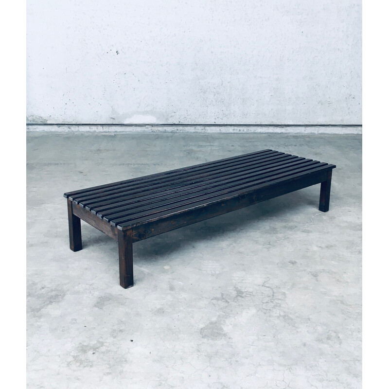 Vintage stained pine low slat bench, 1960