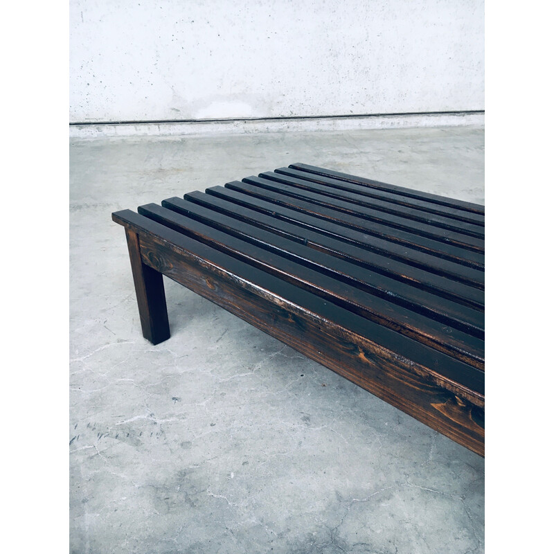 Vintage stained pine low slat bench, 1960