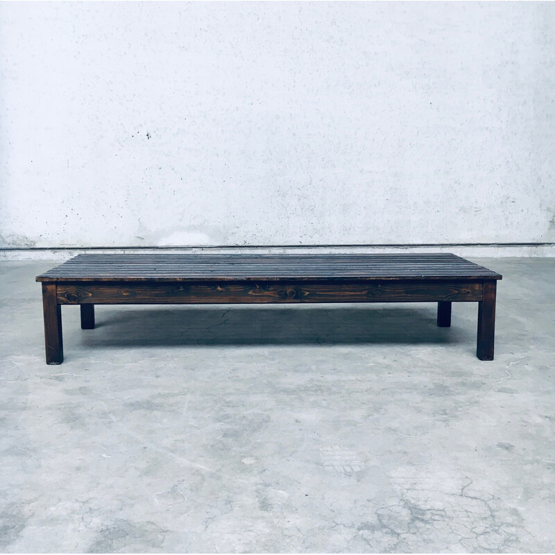 Vintage stained pine low slat bench, 1960