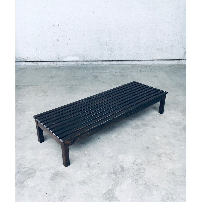 Vintage stained pine low slat bench, 1960