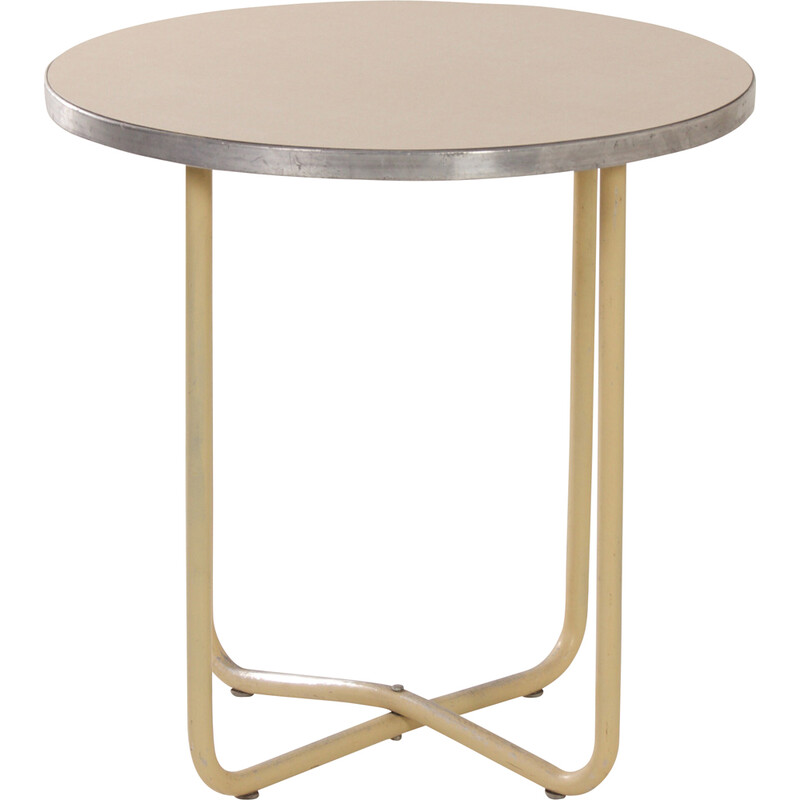 Table basse ronde vintage en bois et aluminium par Ahrend, 1950