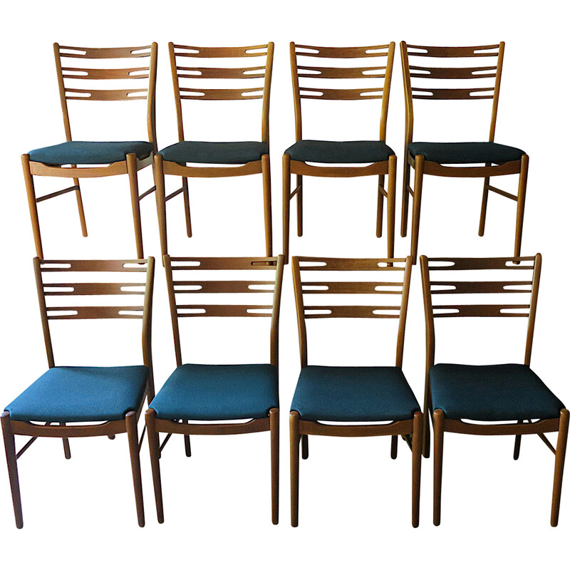 Conjunto de 8 cadeiras vintage em madeira de teca e tecido, 1960