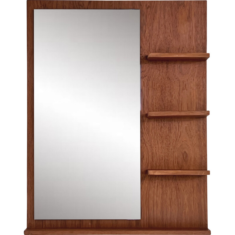 Scandinavian vintage wooden mirror with built-in shelves, 1960-1970