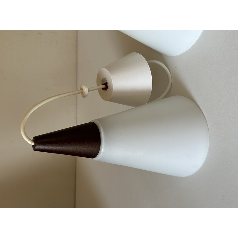 Paar vintage teakhouten en opaline hanglampen voor Philips, 1960