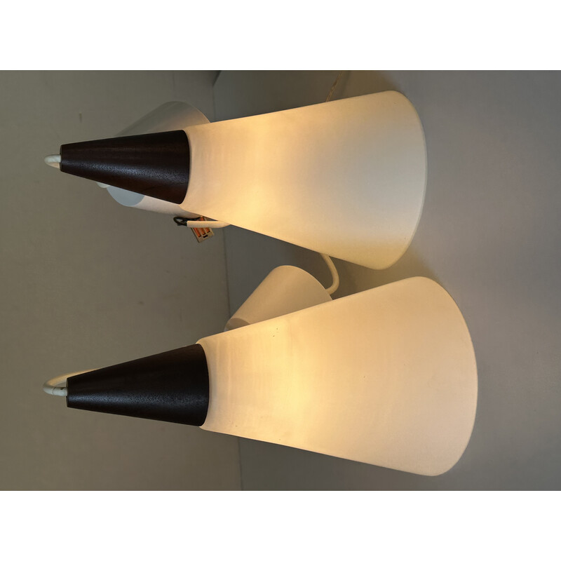 Pareja de lámparas colgantes vintage de teca y opalina para Philips, 1960