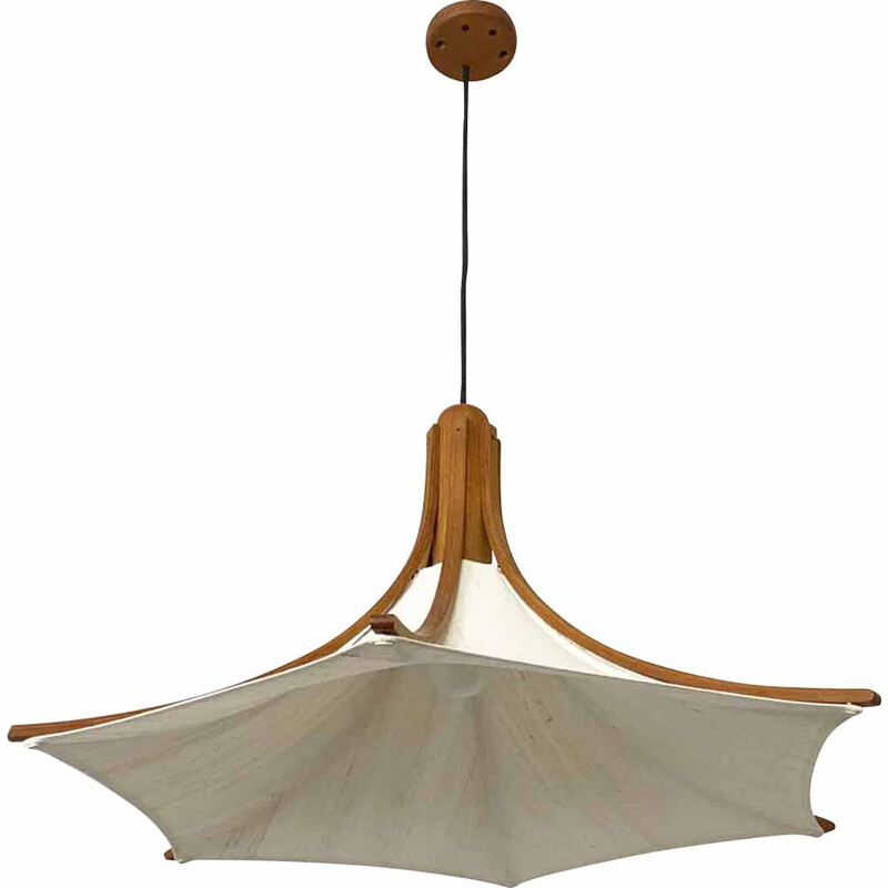 Vintage teakhouten hanglamp met linnen kap van Domus, Duitsland 1970