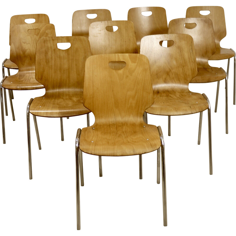 Set of 10 vintage plywood stacking chairs, 1980