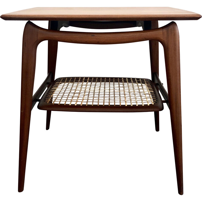 Mesa auxiliar vintage de teca y ratán de Louis Van Teeffelen para Webe, 1960