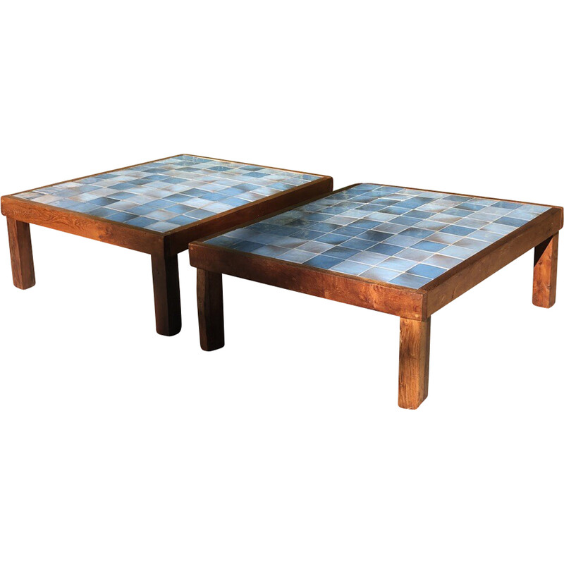 Coppia di tavolini vintage in legno massiccio e ceramica, 1960