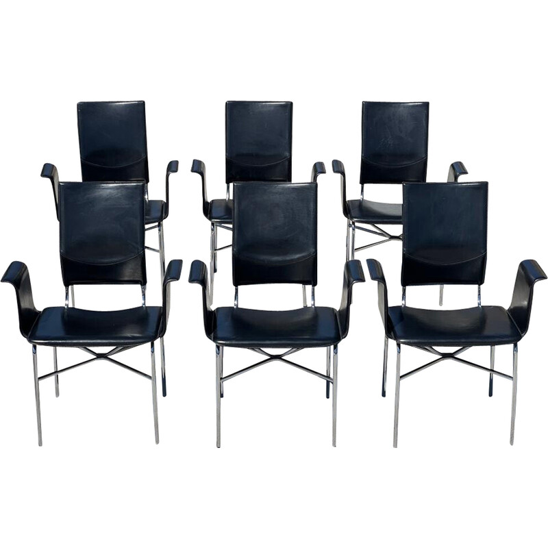 Set of 6 vintage black leather armchairs by Ross Littell for Matteo Grasssi, 1980