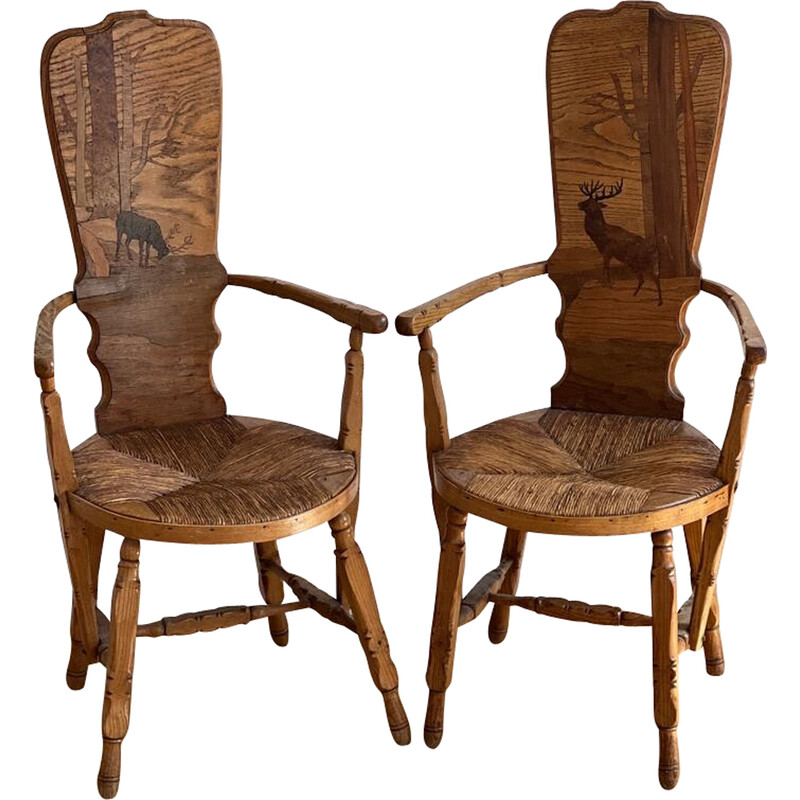 Vintage Franse provinciale fauteuil met hoge ingelegde rugleuning en strooien zitting
