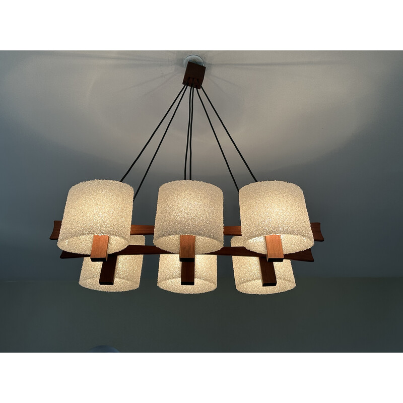 Vintage teakhouten 6-lichts kroonluchter en wandlamp, 1960