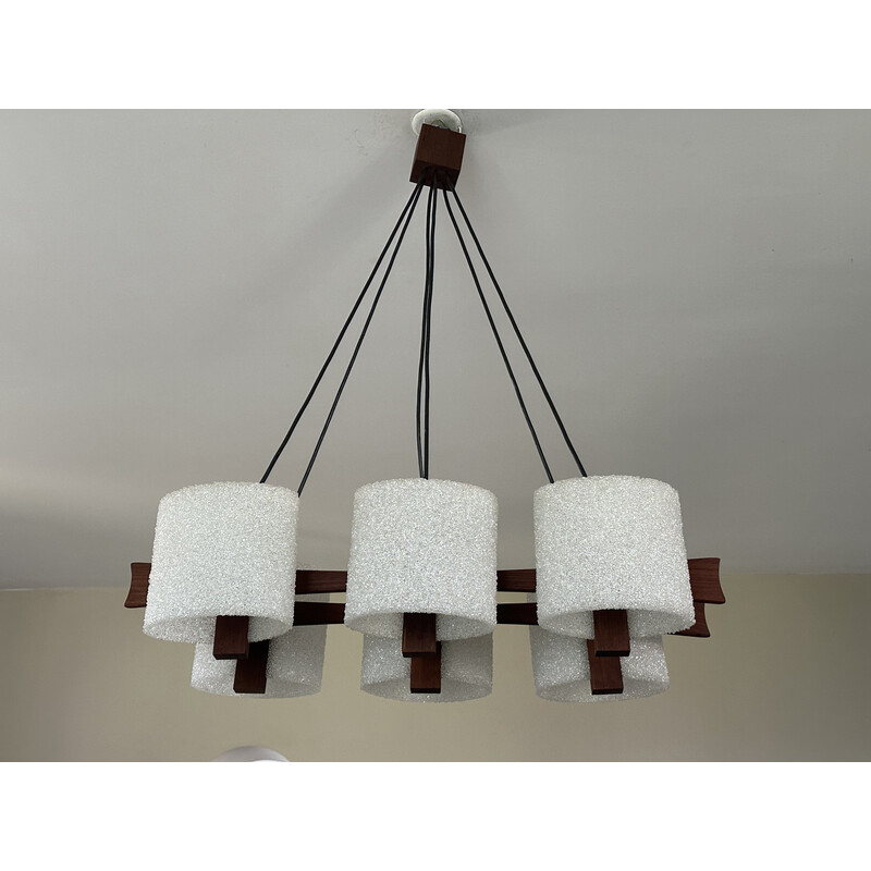 Vintage teak 6-light chandelier and wall lamp, 1960