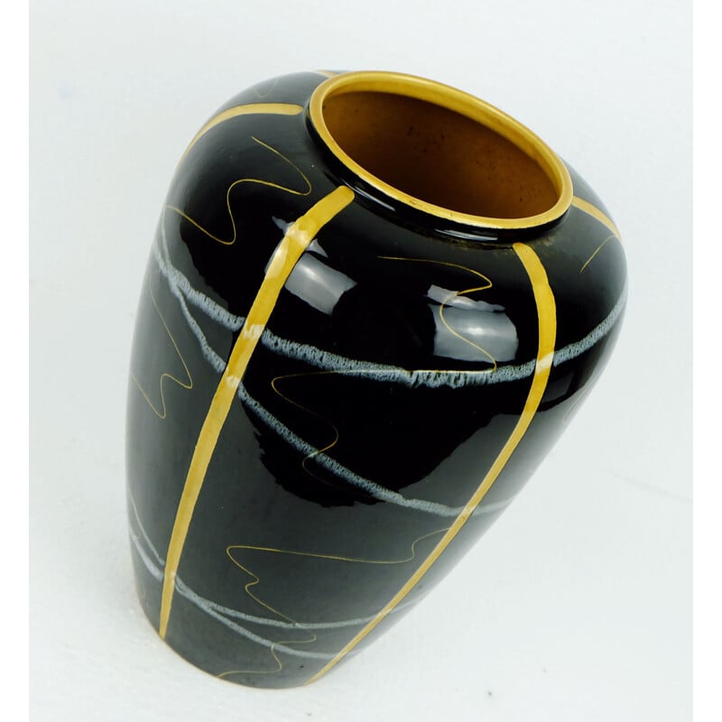 Scheurich mid-century black vase with ochre and grey - 1950s