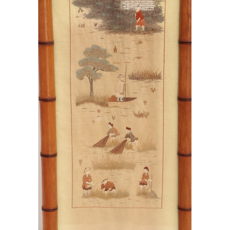 Mid century Chinese silk tapestries in bamboo frames