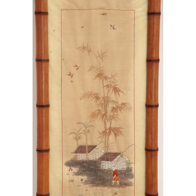 Tapisseries chinoises vintage en soie dans des cadres en bambou