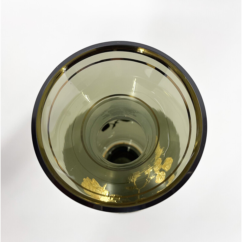 Vintage groen glazen vaas met gouden decor, Tsjecho-Slowakije 1960