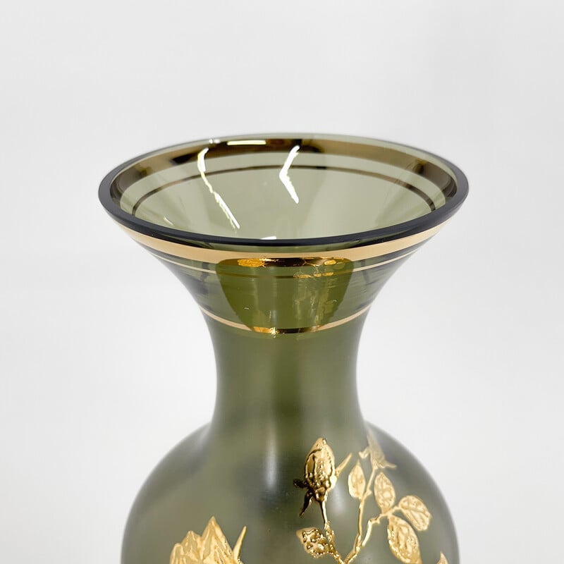 Vintage groen glazen vaas met gouden decor, Tsjecho-Slowakije 1960