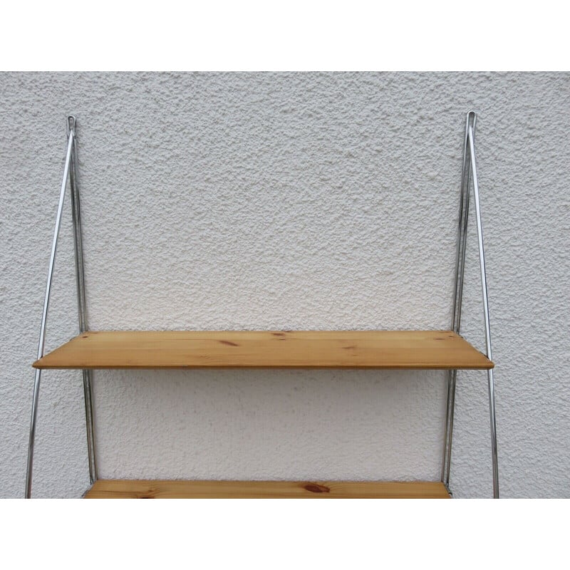 Scandinavian vintage shelf in chrome-plated metal and pine, 1980