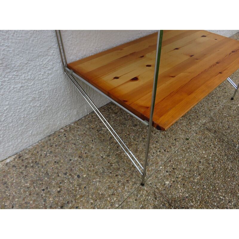 Scandinavian vintage shelf in chrome-plated metal and pine, 1980