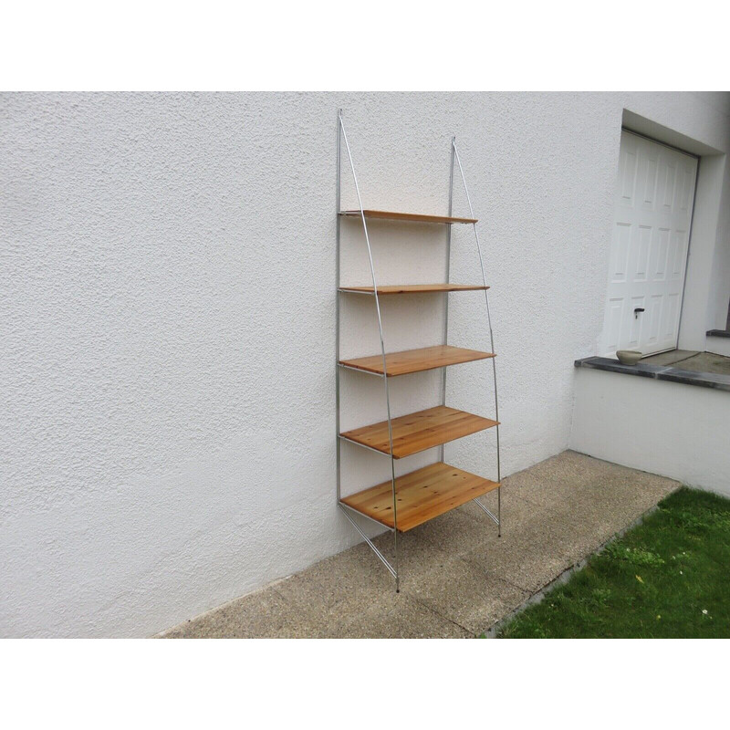 Scandinavian vintage shelf in chrome-plated metal and pine, 1980