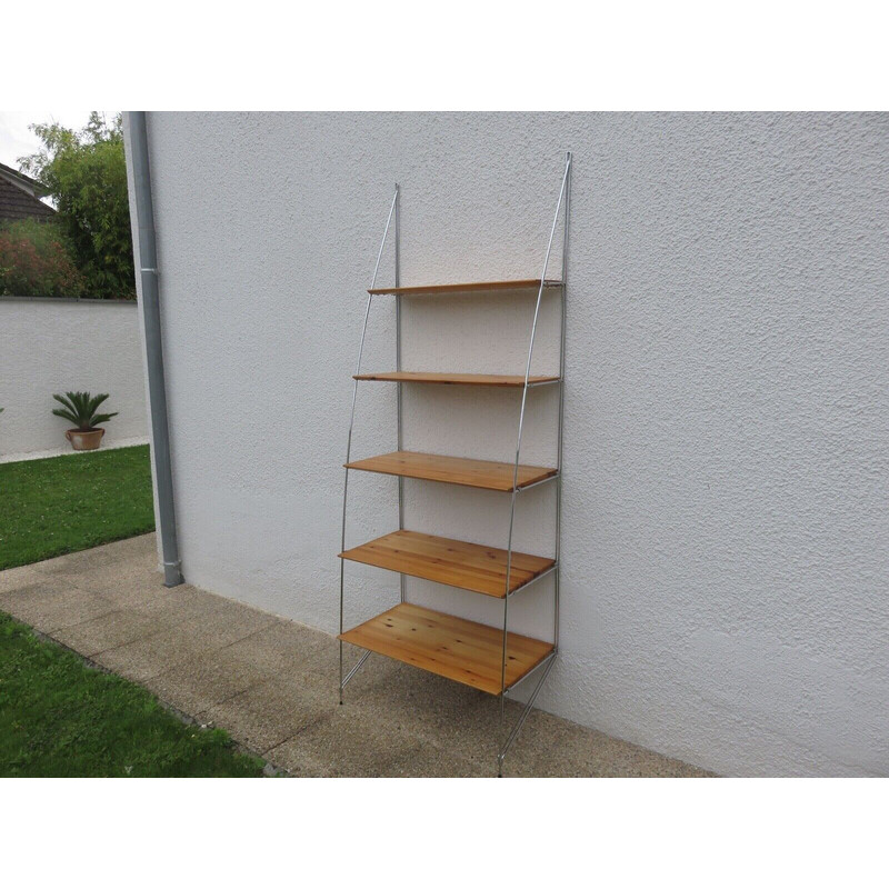 Scandinavian vintage shelf in chrome-plated metal and pine, 1980