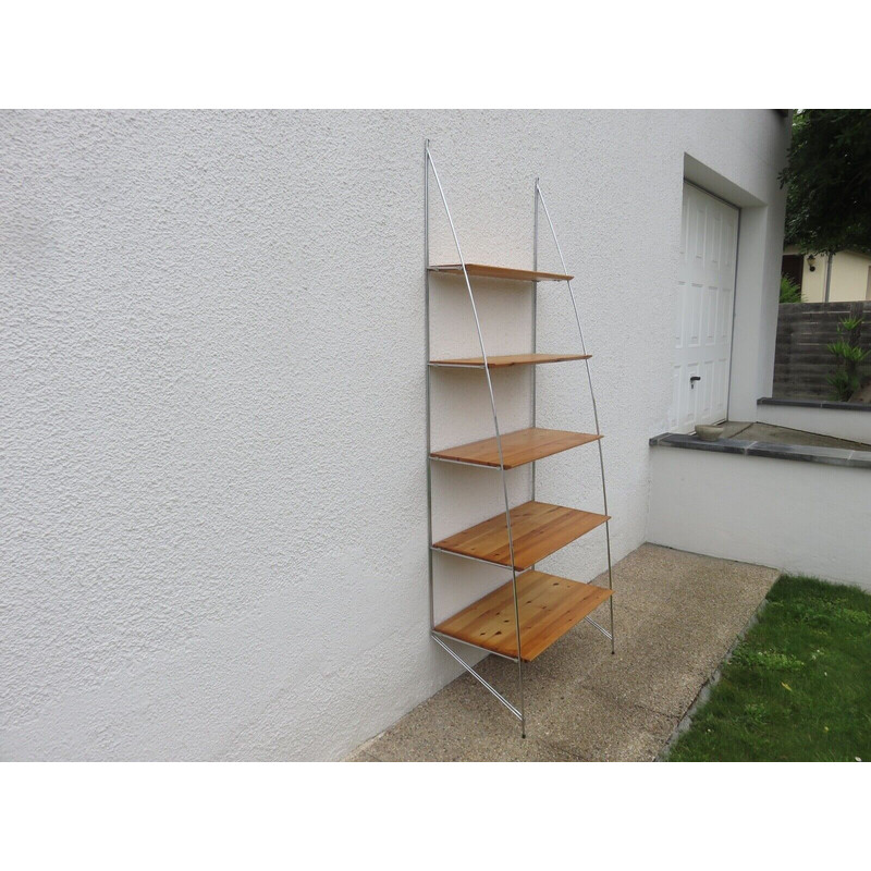 Scandinavian vintage shelf in chrome-plated metal and pine, 1980