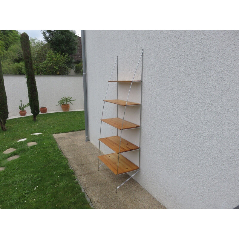 Scandinavian vintage shelf in chrome-plated metal and pine, 1980