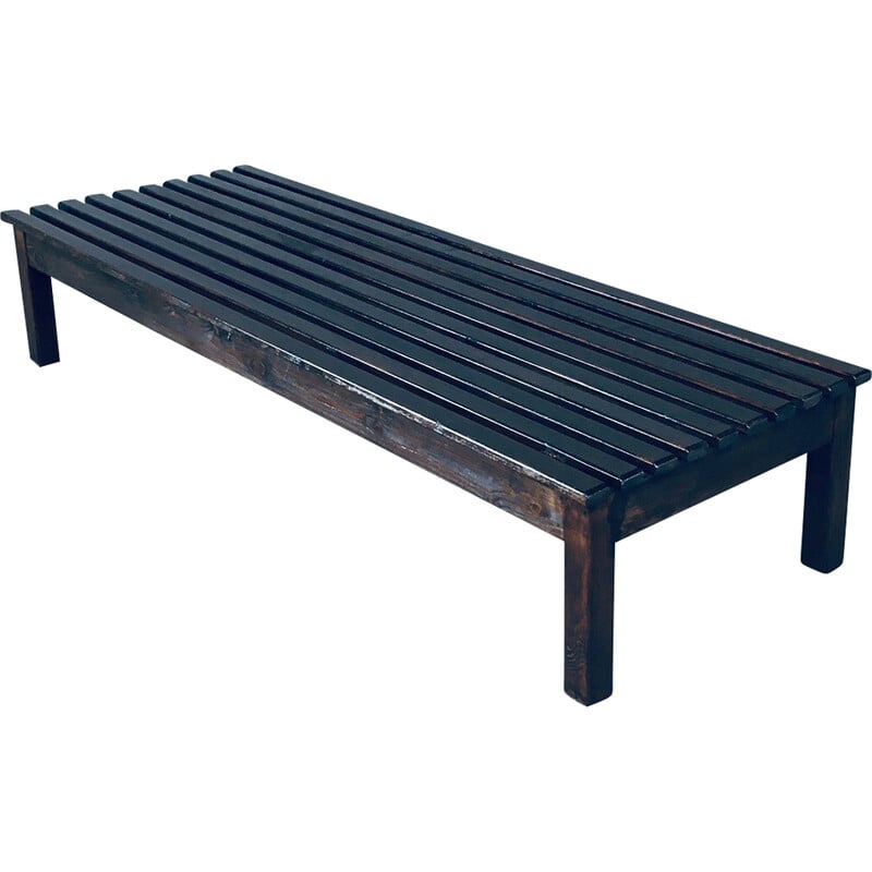 Vintage stained pine low slat bench, 1960