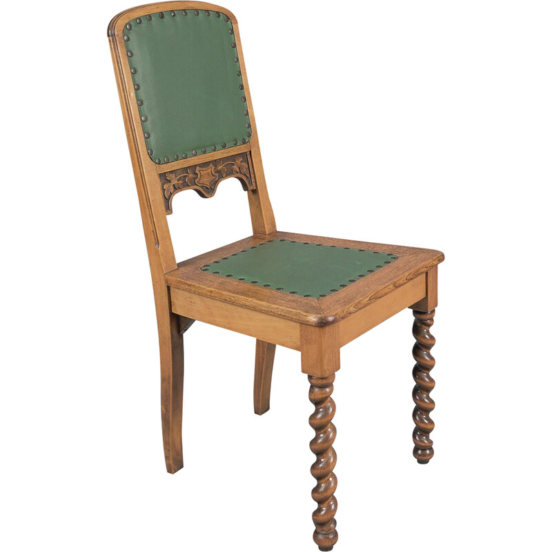 Vintage Neo-Renaissance wood and leather side chair, 1890s