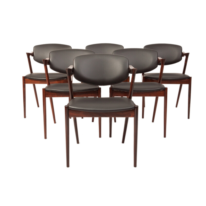 Black leather rosewood set of 6 chairs by Kai Kristiansen for Schou Andersen - 1950s