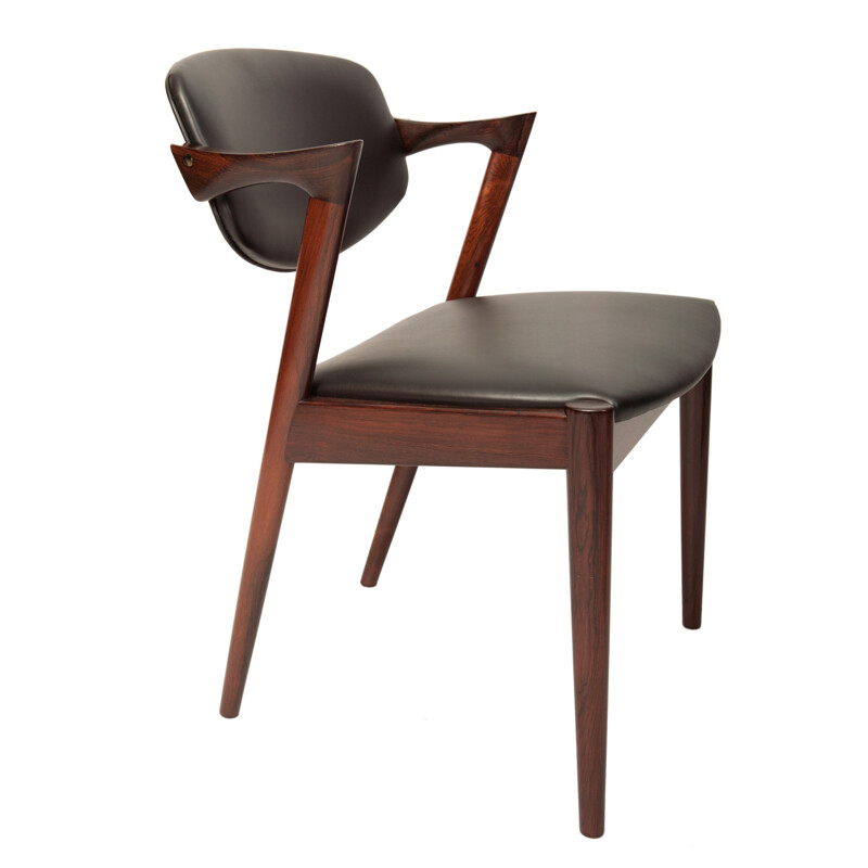 Black leather rosewood set of 6 chairs by Kai Kristiansen for Schou Andersen - 1950s