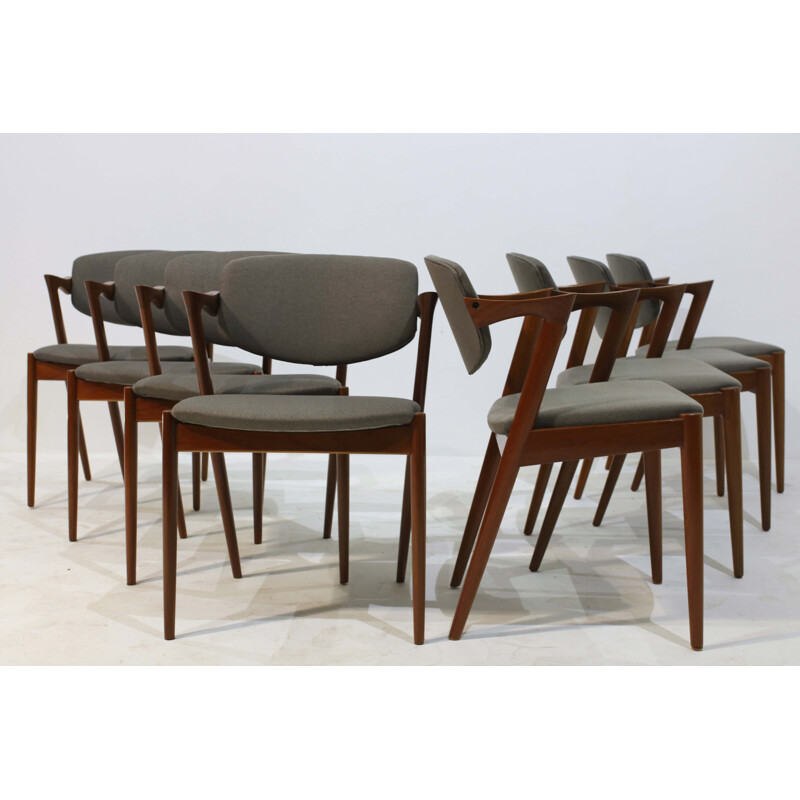 Set of 8 dining Chairs grey seat and wooden frame by Kai Kristiansen - 1950s