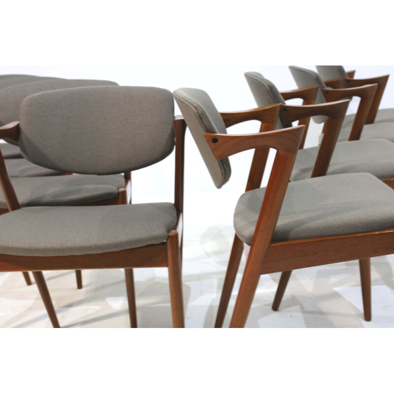Set of 8 dining Chairs grey seat and wooden frame by Kai Kristiansen - 1950s