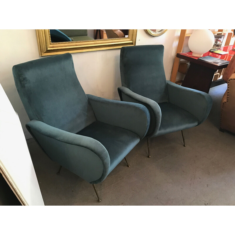 Pair of grey-blue velvet Italian armchair - 1950s