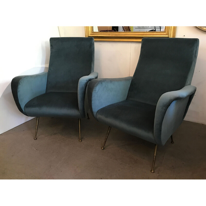 Pair of grey-blue velvet Italian armchair - 1950s