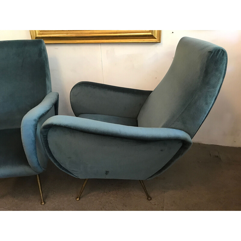 Paire de fauteuils Italiens en velours gris-bleu - 1950