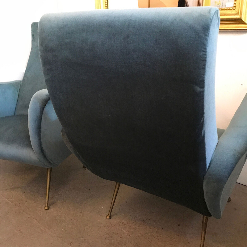 Pair of grey-blue velvet Italian armchair - 1950s