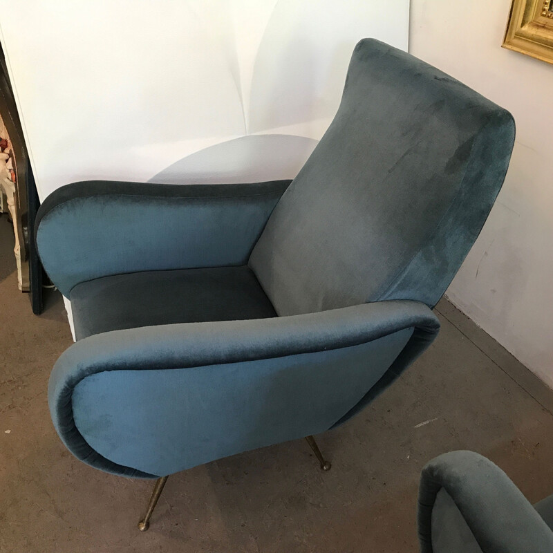 Paire de fauteuils Italiens en velours gris-bleu - 1950