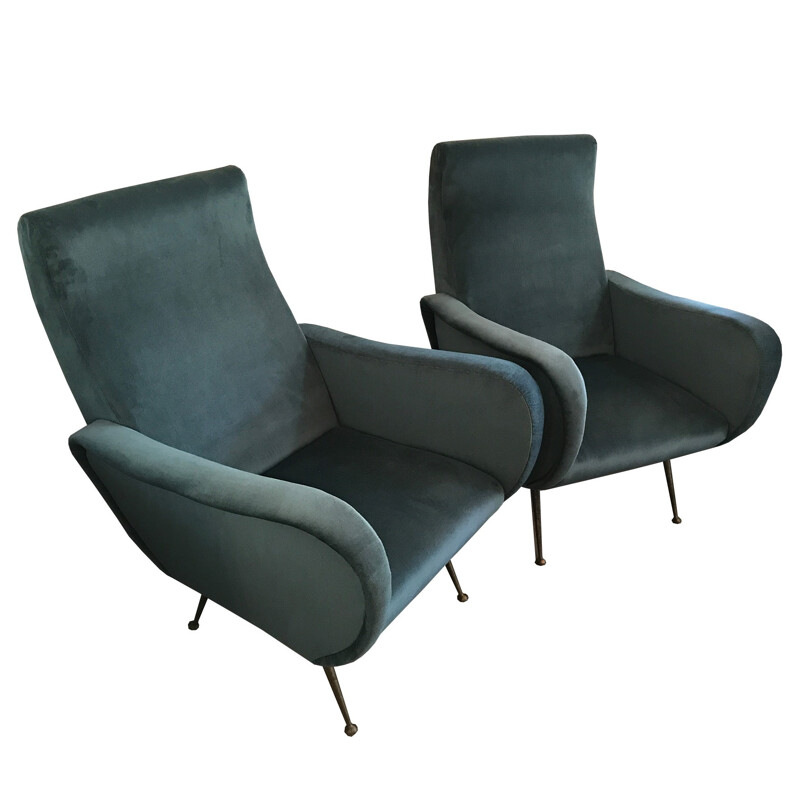 Paire de fauteuils Italiens en velours gris-bleu - 1950