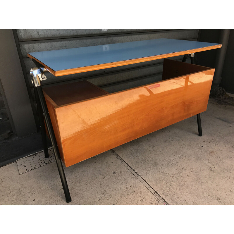 Children blue formica steel and wooden desk - 1950s