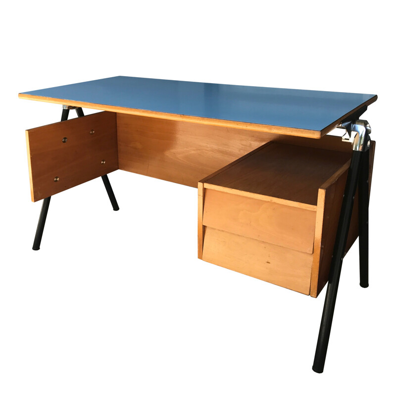 Children blue formica steel and wooden desk - 1950s