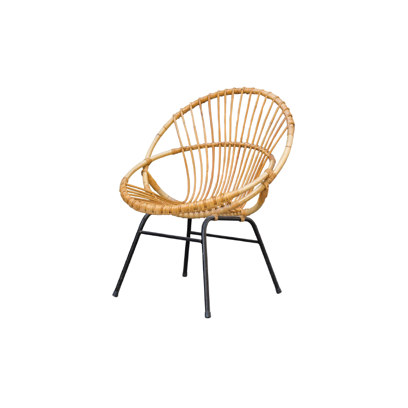 Rattan Scandinavian Armchair with steel legs - 1970s