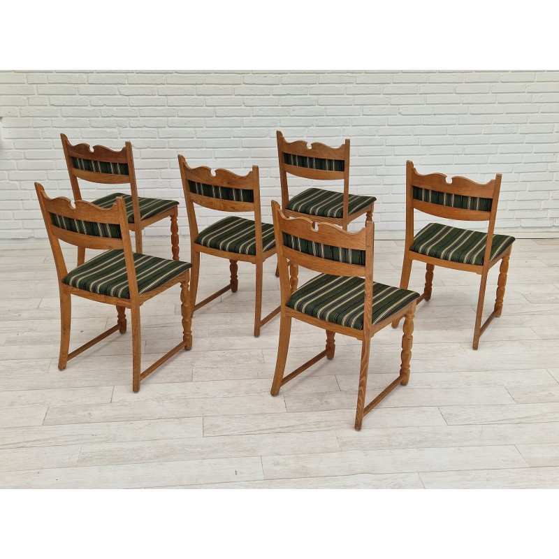 Set of 6 vintage Danish chairs in oak wood and furniture wool, 1970s